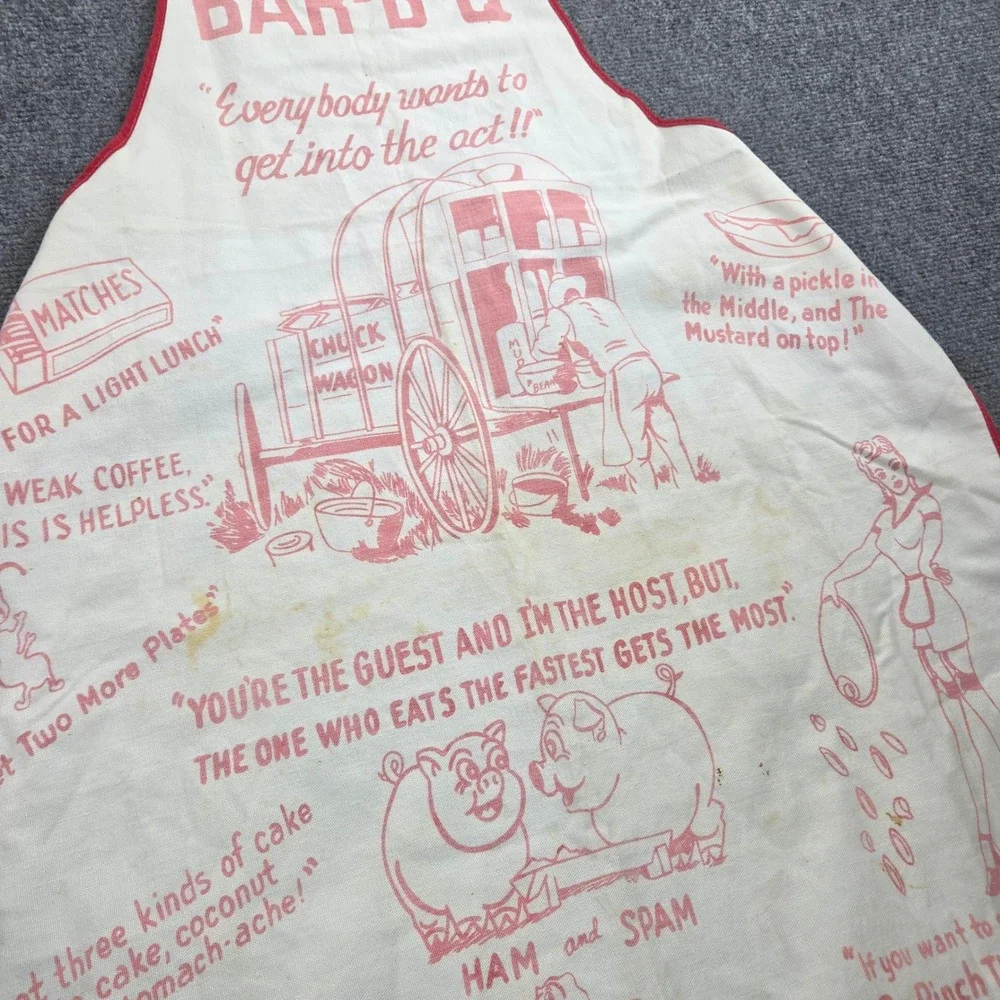 Vintage 50s BAR-B-Q Novelty Apron Red White Chuck Wagon Kitsch Mid Century BBQ